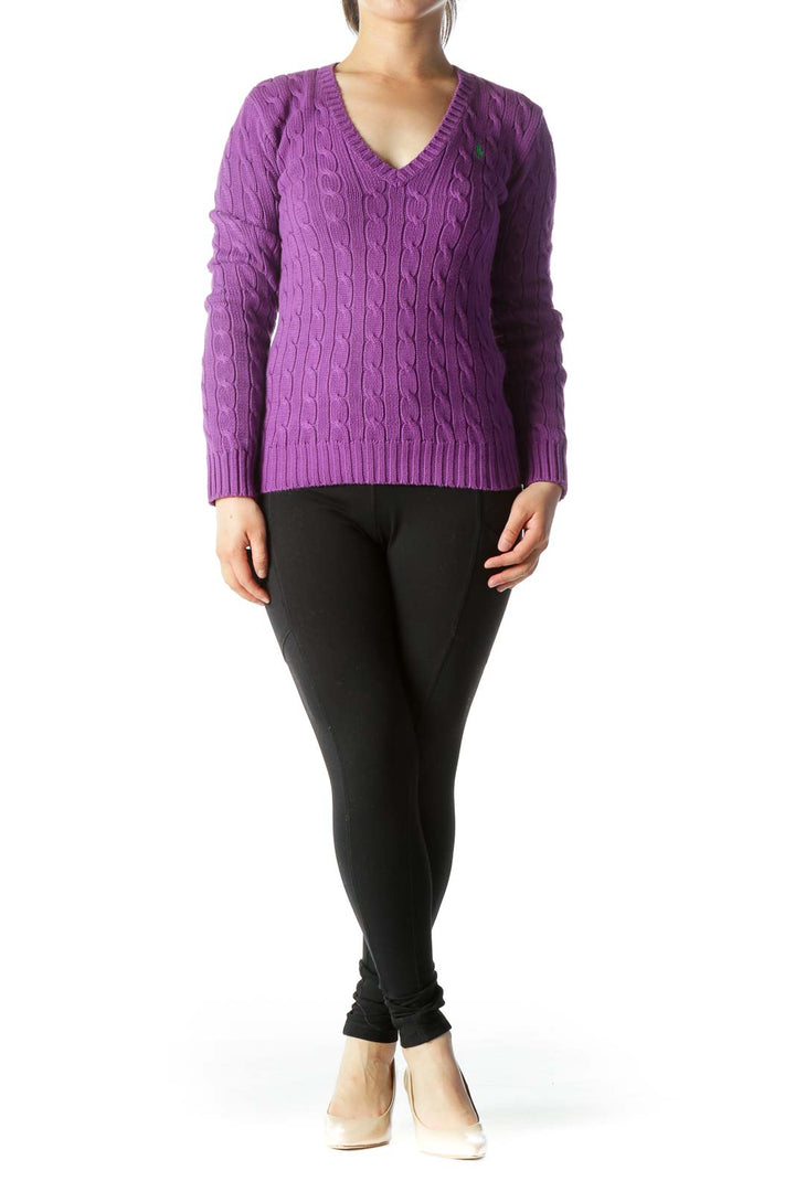 Purple 100% Cotton V-Neck Knit Long-Sleeve Sweater