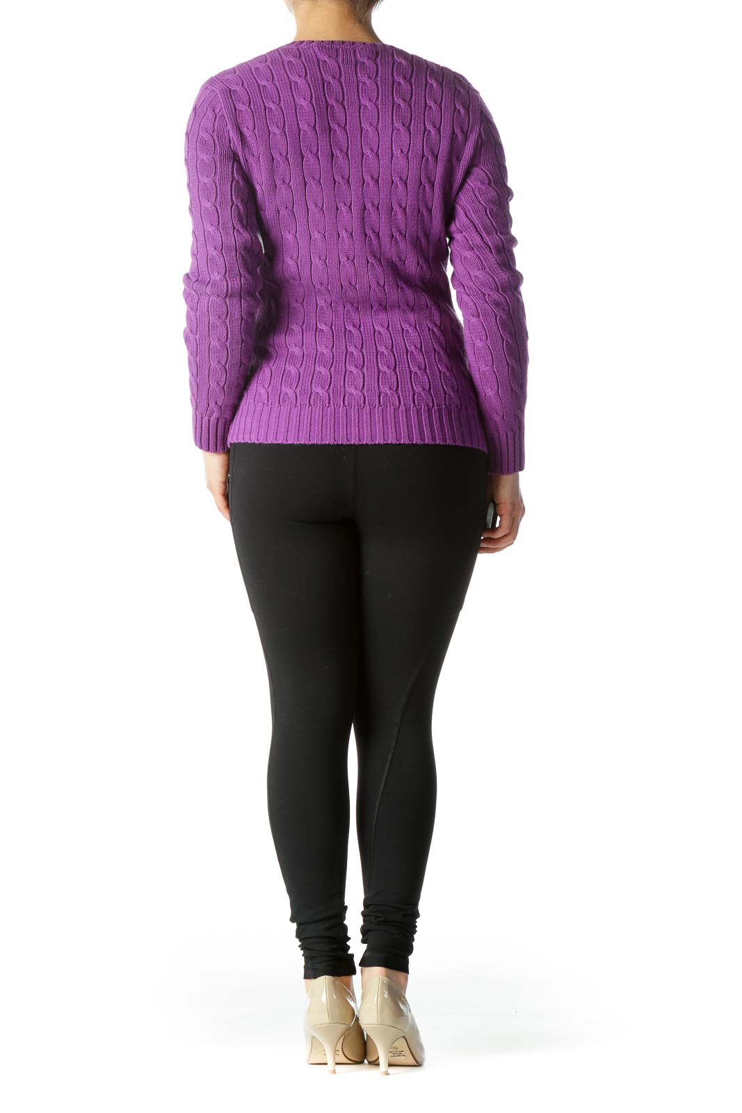 Purple 100% Cotton V-Neck Knit Long-Sleeve Sweater