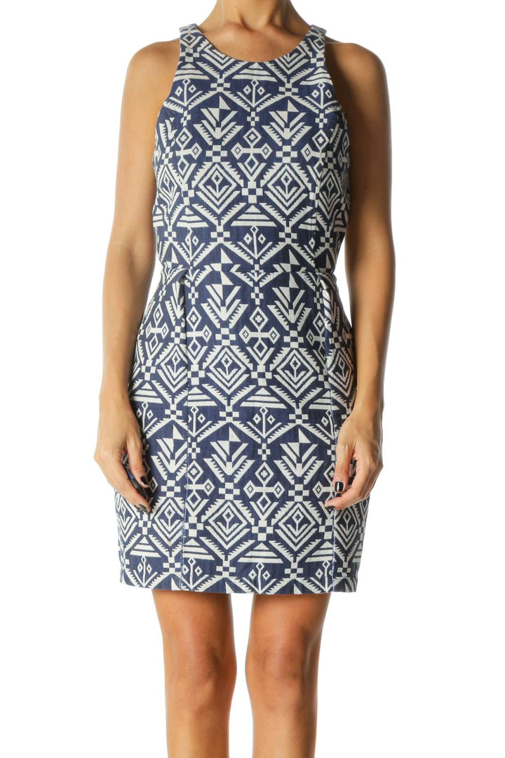 Blue & White Aztec Print Sleeveless Day Dress