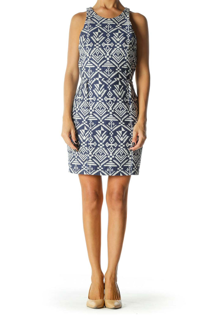 Blue & White Aztec Print Sleeveless Day Dress