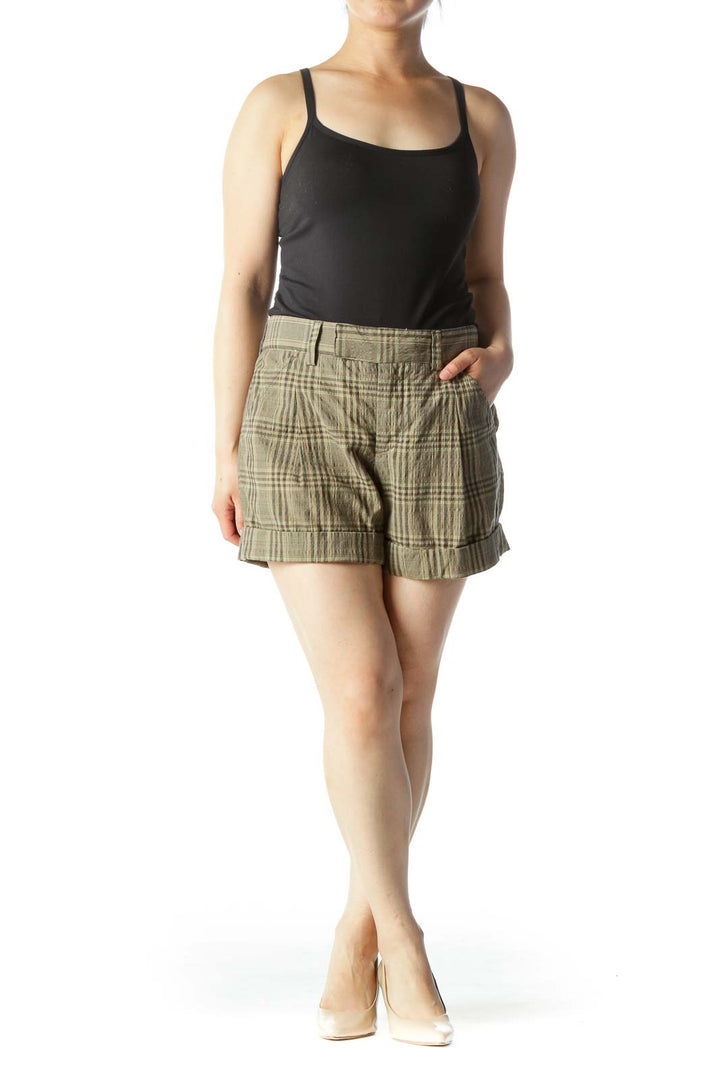 Green & Brown Plaid Mid-Rise Cuffed Shorts