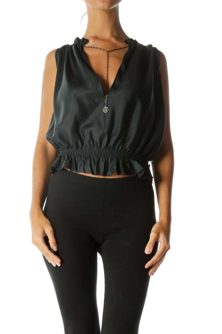 Black 100% Silk Metallic Detailing Scrunched Open Back Top