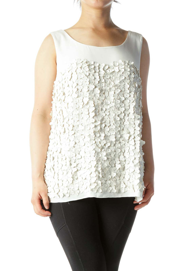 Cream Round Neck Floral Appliques Sleeveless Blouse