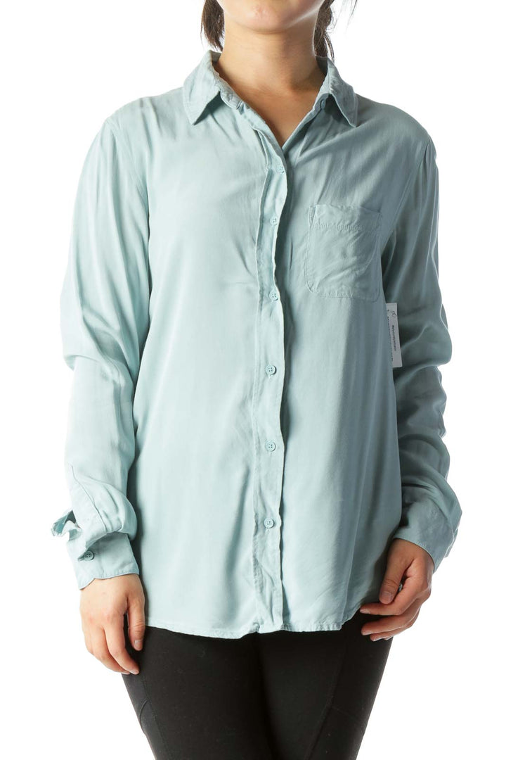 Light Blue Pocketed Buttoned Long-Sleeve Light-Weight Shirt