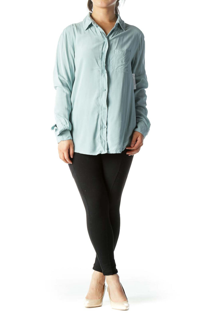 Light Blue Pocketed Buttoned Long-Sleeve Light-Weight Shirt