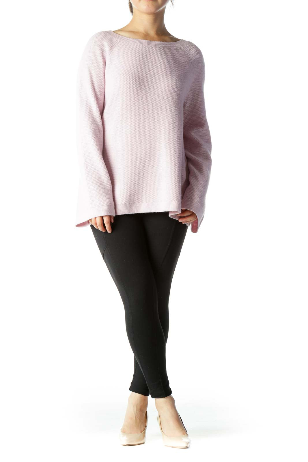 Light Pink Round-Neck Wide-Long-Sleeves Knit Sweater