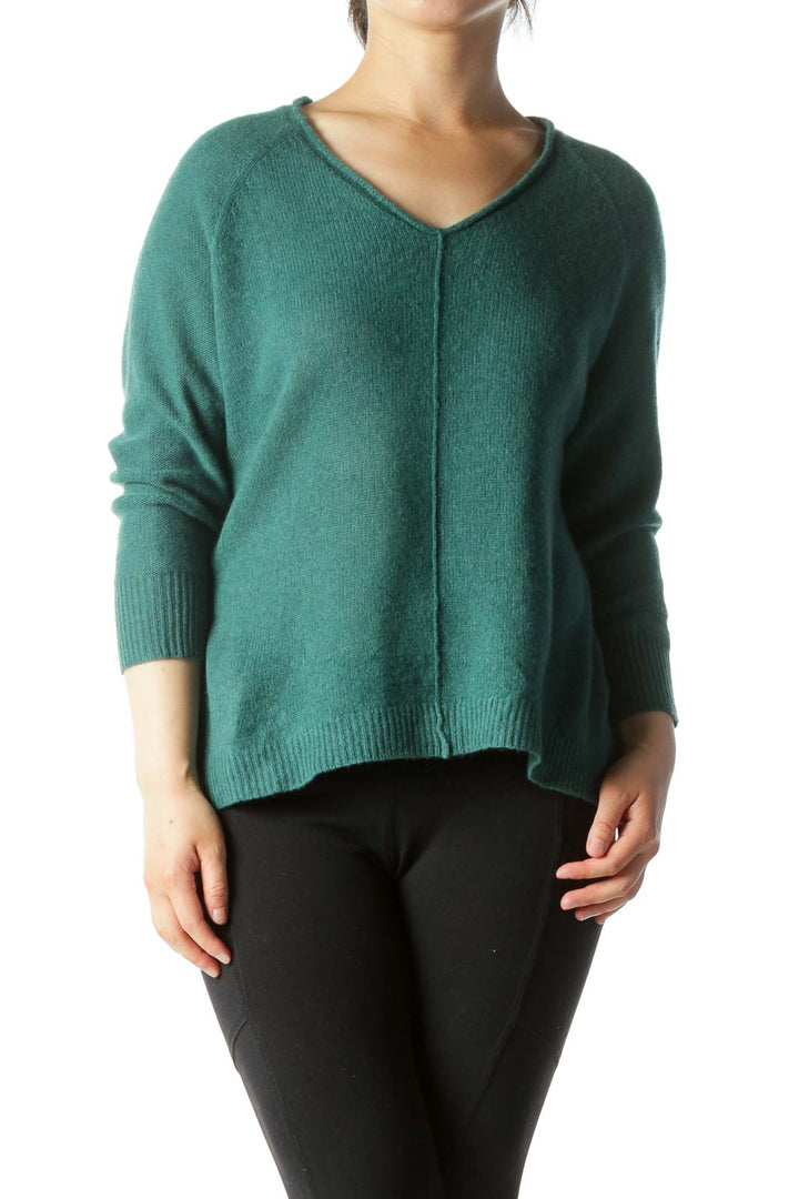 Green V-Neck Raised Seam Detail 100% Cashmere Sweater