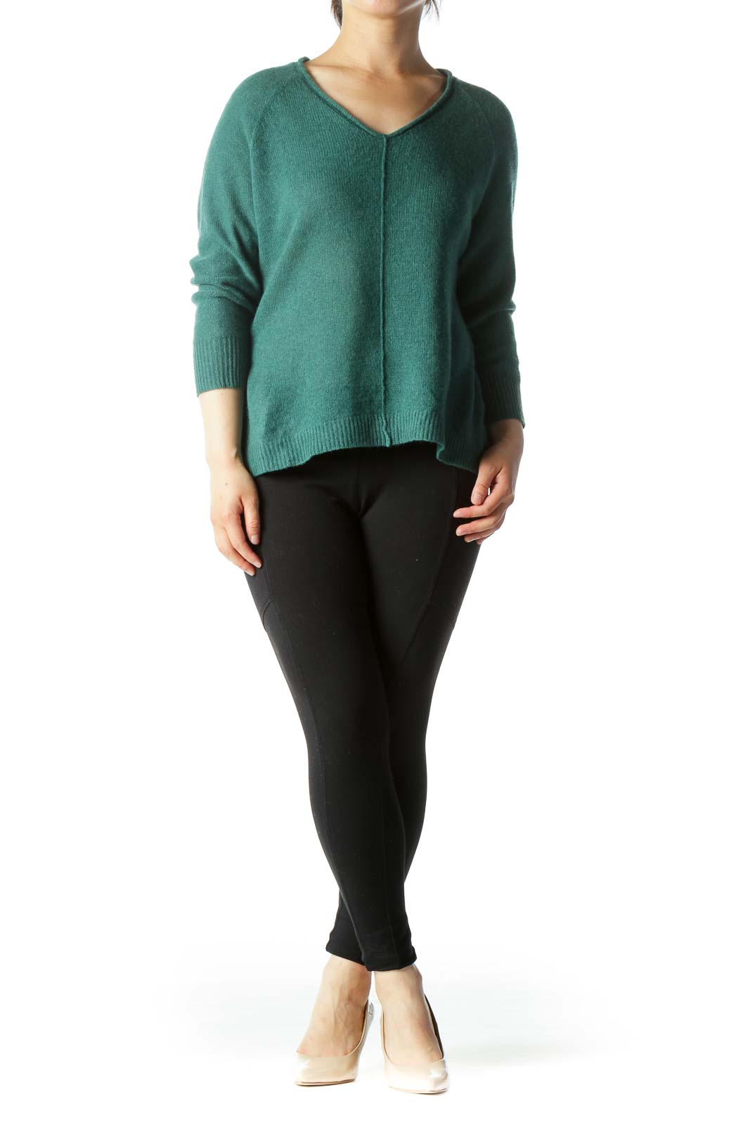 Green V-Neck Raised Seam Detail 100% Cashmere Sweater