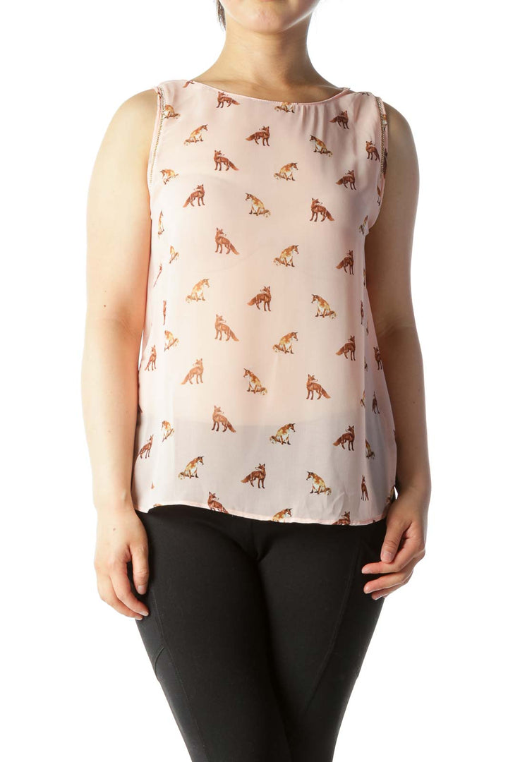 Coral Pink Foxes Print Sleeves Chain Detail Translucent Tank Top