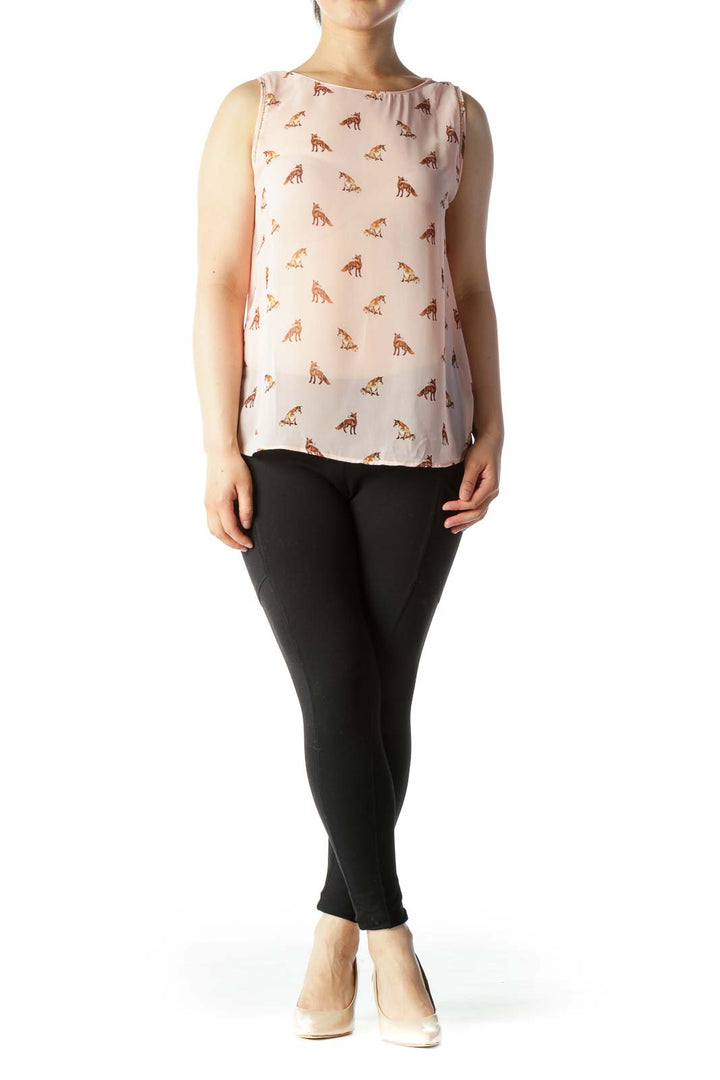 Coral Pink Foxes Print Sleeves Chain Detail Translucent Tank Top