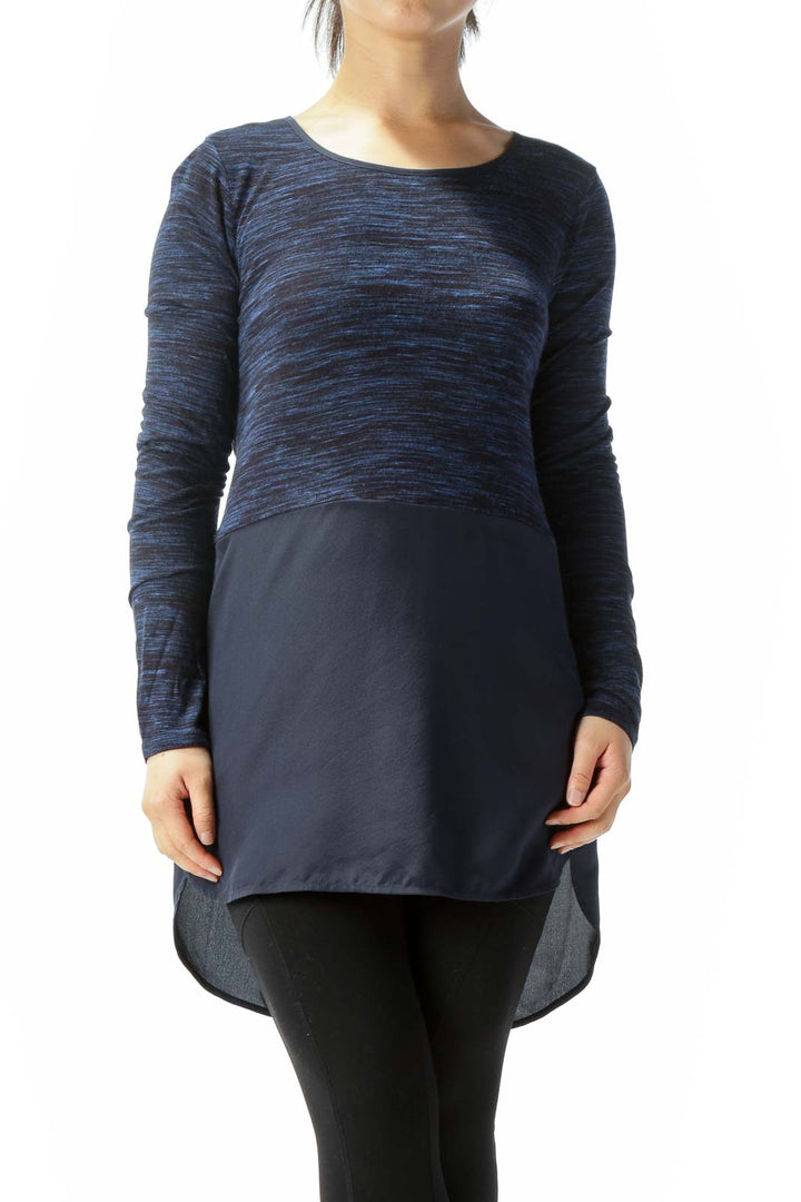 Blue Round Neck Long Sleeve Mixed Media High Low Top