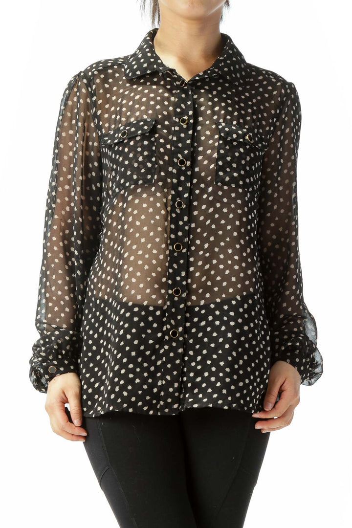 Black Beige Print Pocketed Long Sleeve Translucent Blouse