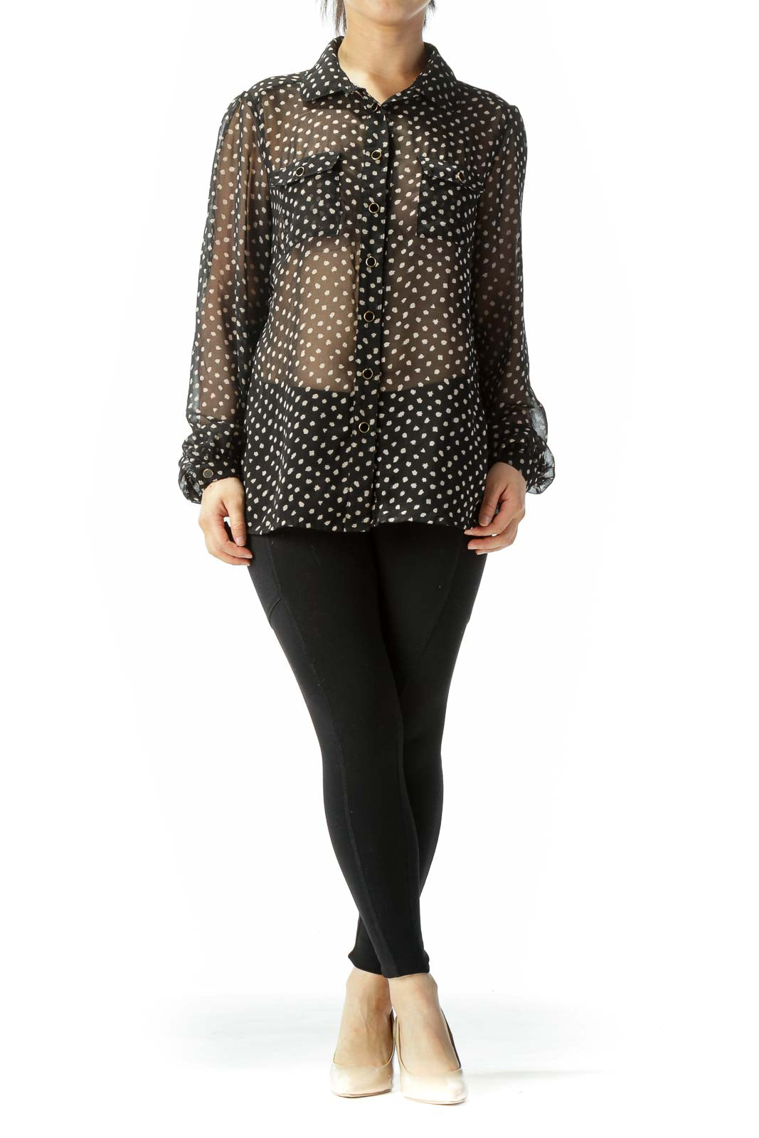 Black Beige Print Pocketed Long Sleeve Translucent Blouse