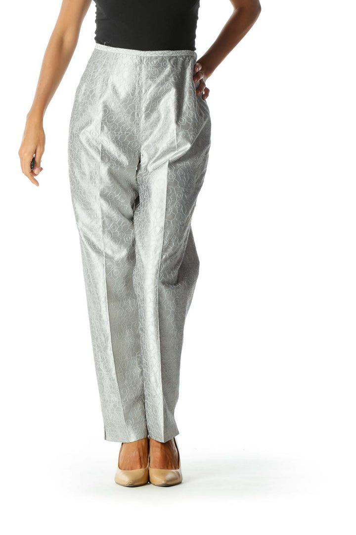 Silver Textured Pattern Tapered Side-Zipper Pants