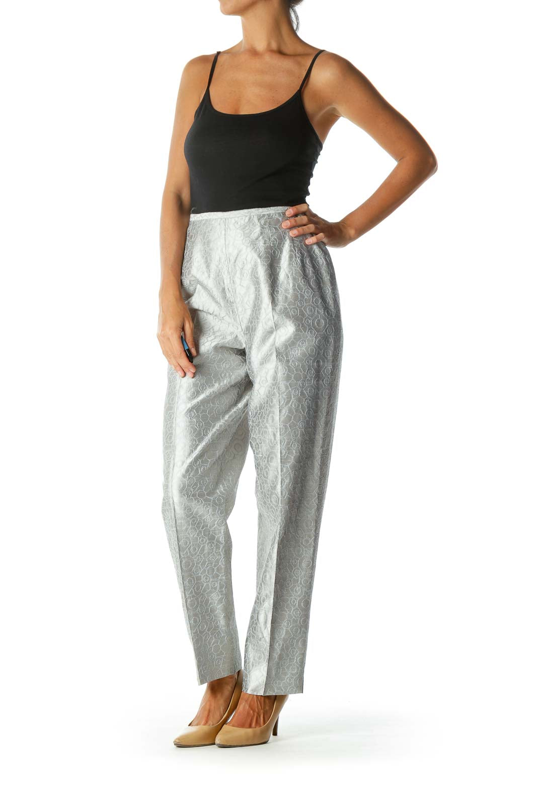 Silver Textured Pattern Tapered Side-Zipper Pants