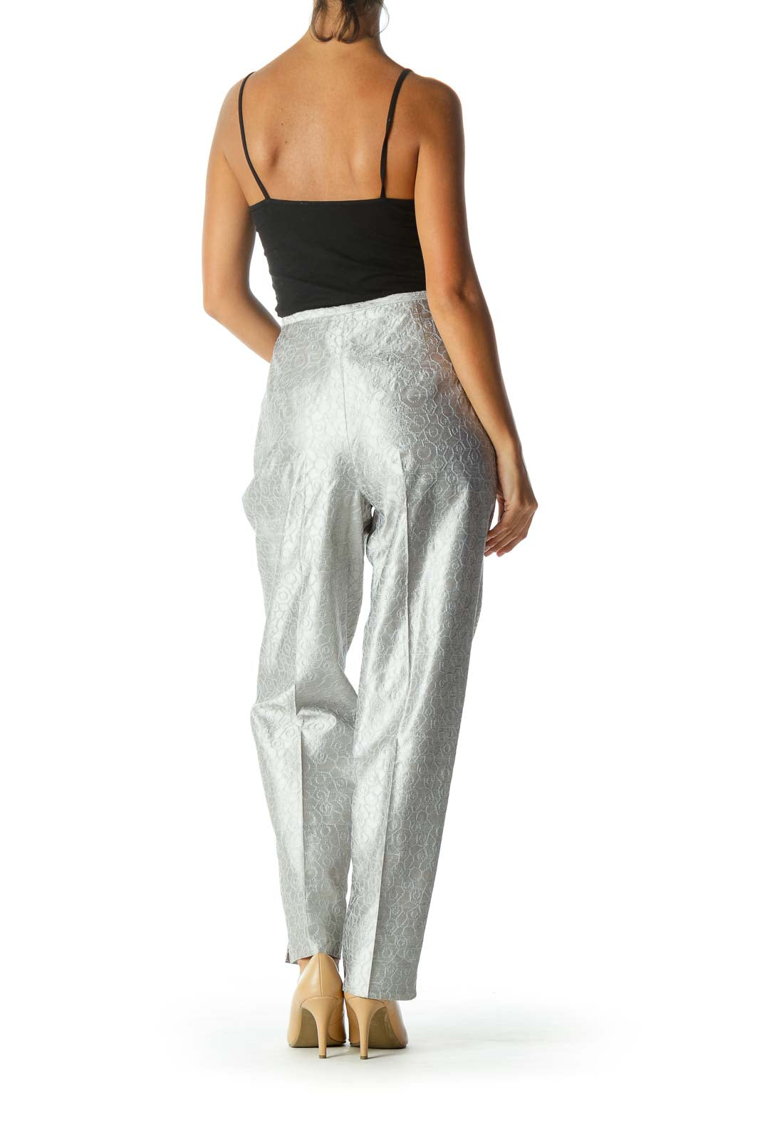 Silver Textured Pattern Tapered Side-Zipper Pants