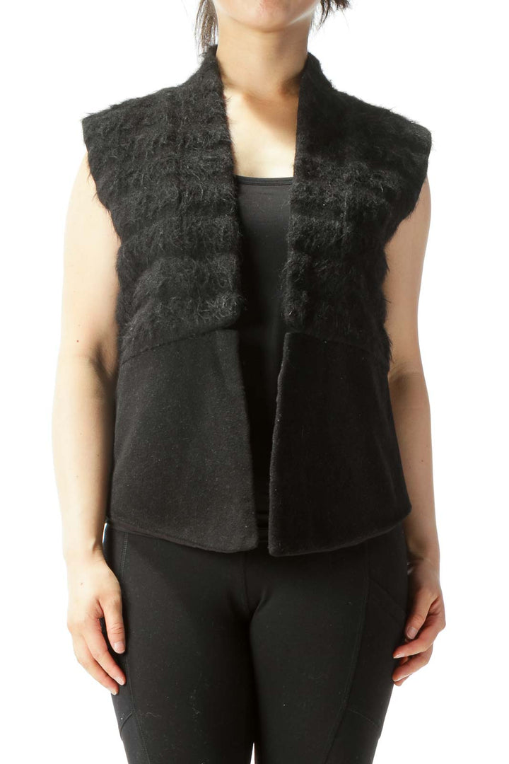 Black Textured Wool Open Vest