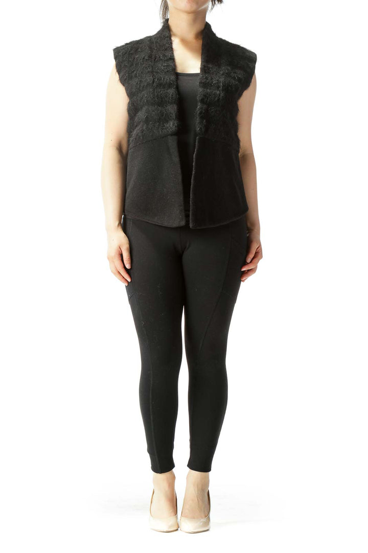 Black Textured Wool Open Vest