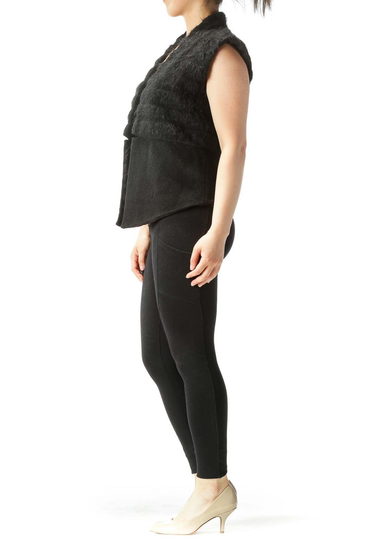 Black Textured Wool Open Vest