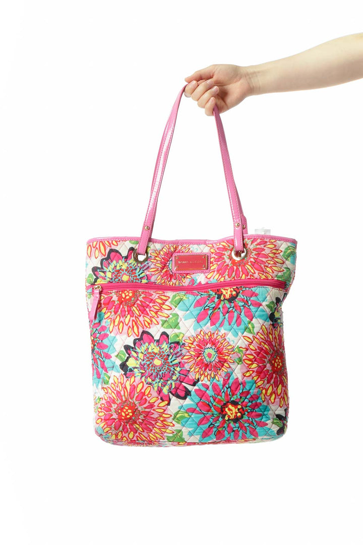 Pink Multicolored Floral-Print Quilted Magnetic Closure Tote