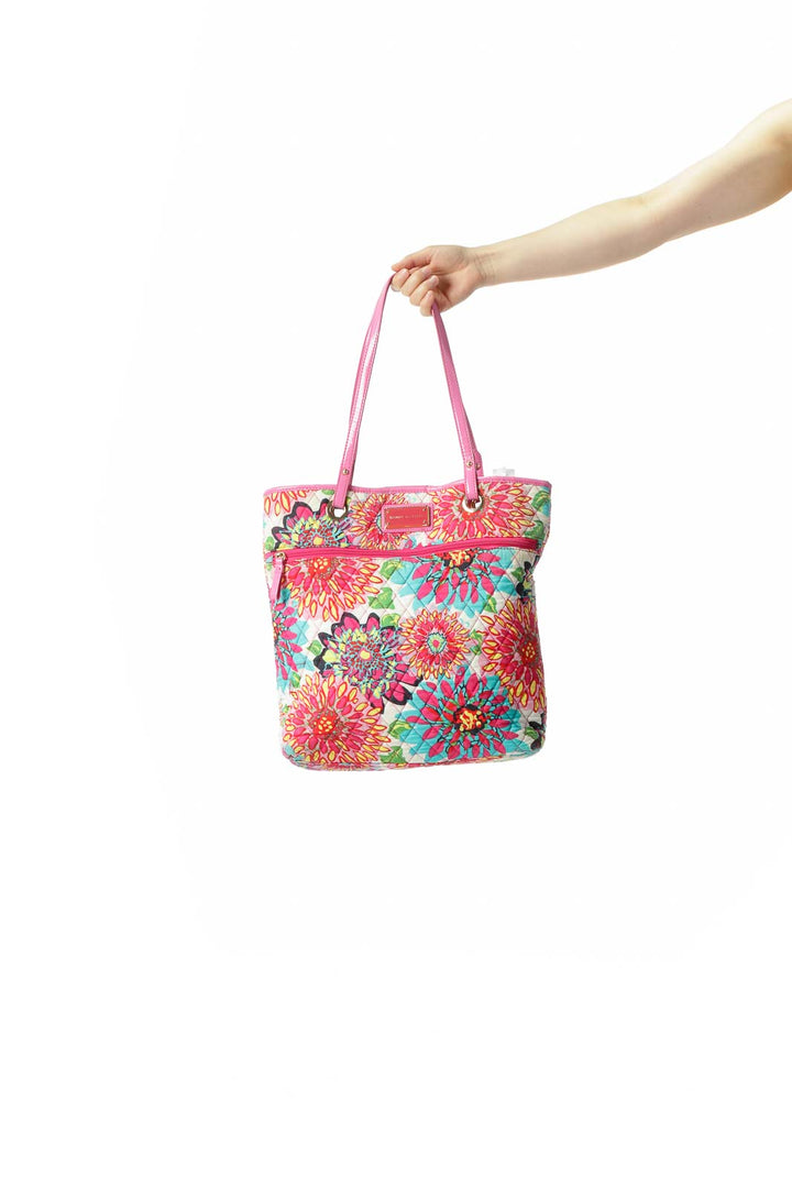 Pink Multicolored Floral-Print Quilted Magnetic Closure Tote