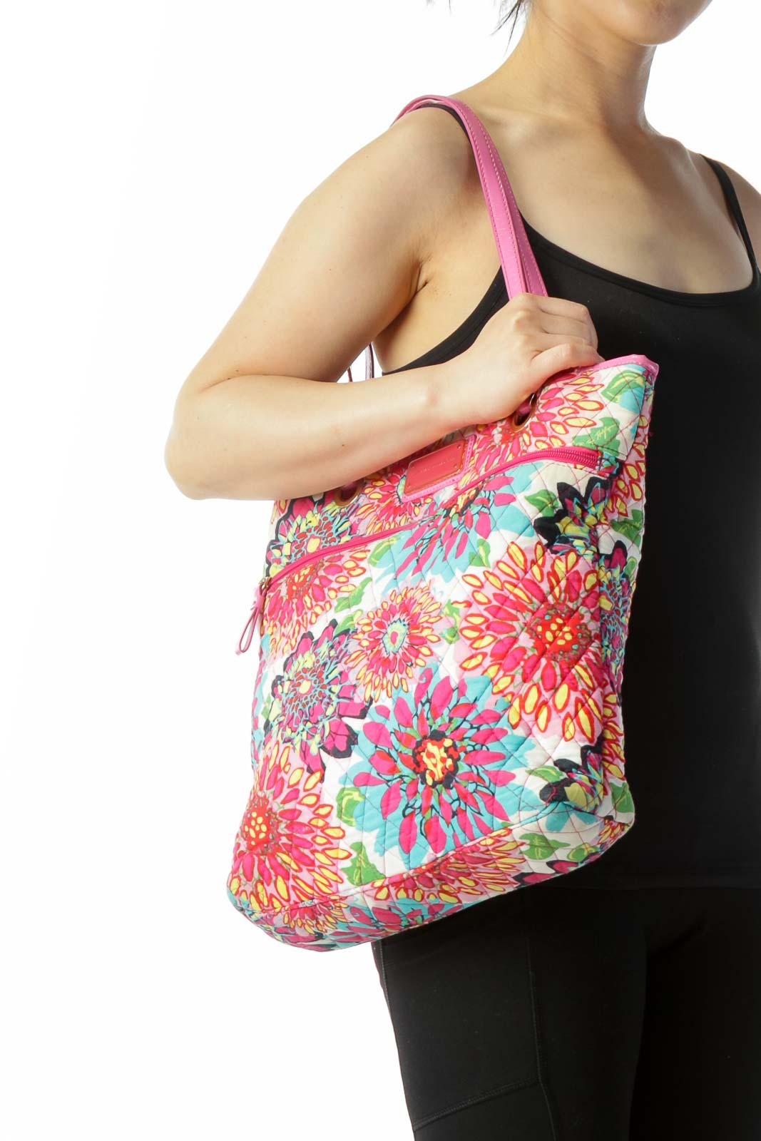 Pink Multicolored Floral-Print Quilted Magnetic Closure Tote