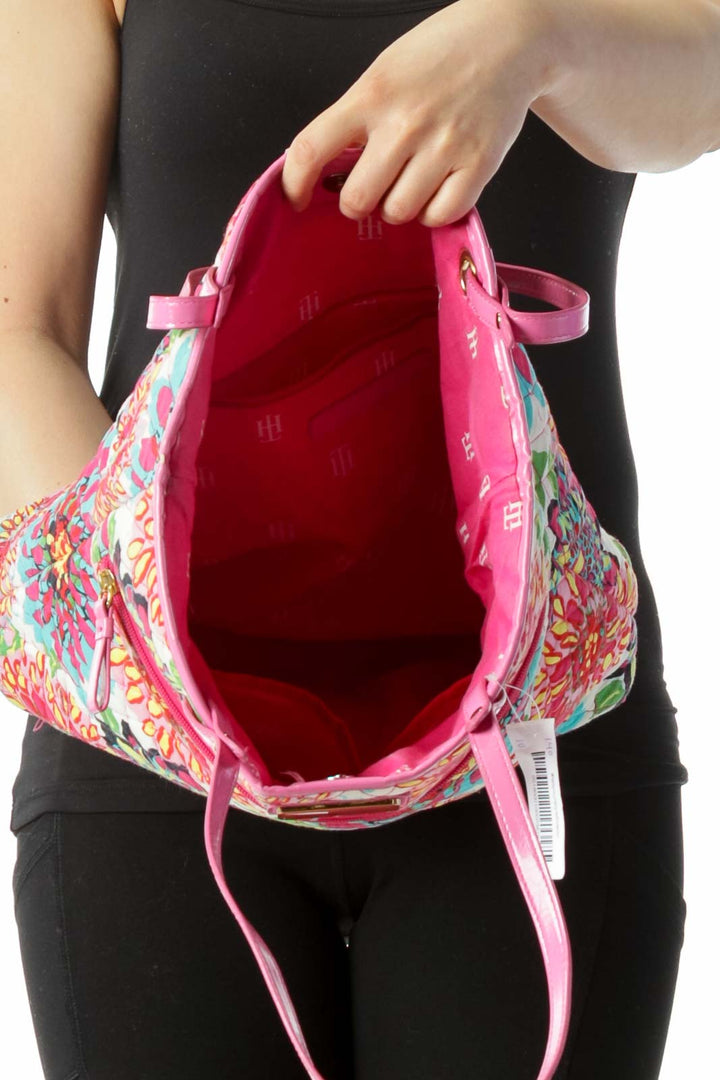 Pink Multicolored Floral-Print Quilted Magnetic Closure Tote