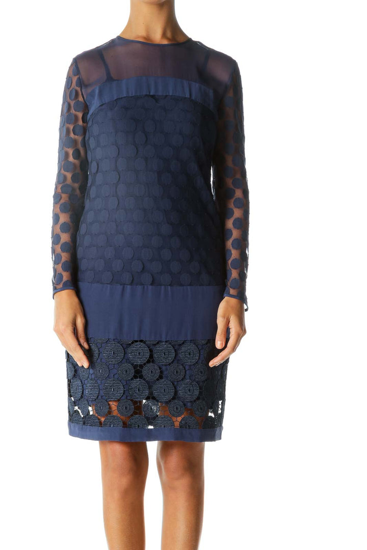 Blue Appliques Knitted See Through Long Sleeve Dress