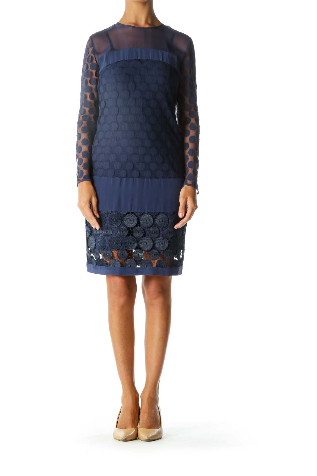 Blue Appliques Knitted See Through Long Sleeve Dress