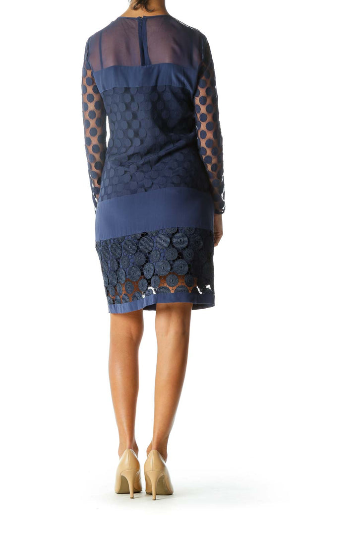 Blue Appliques Knitted See Through Long Sleeve Dress