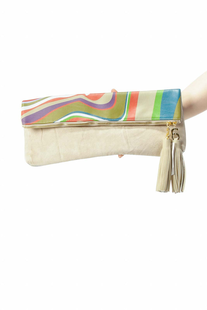 Beige Gold Multicolor Flap-Print Faux-Suede Zippered Clutch with Tassels