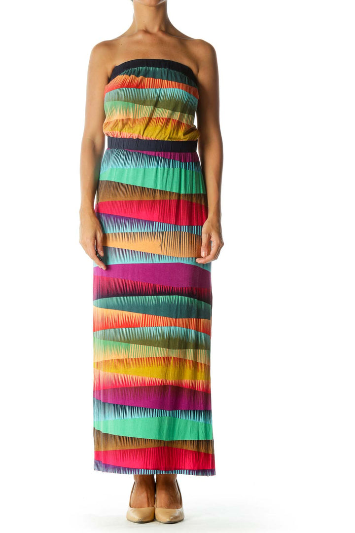 Multicolor Strapless Print Elastic Band Stretch Maxi Dress