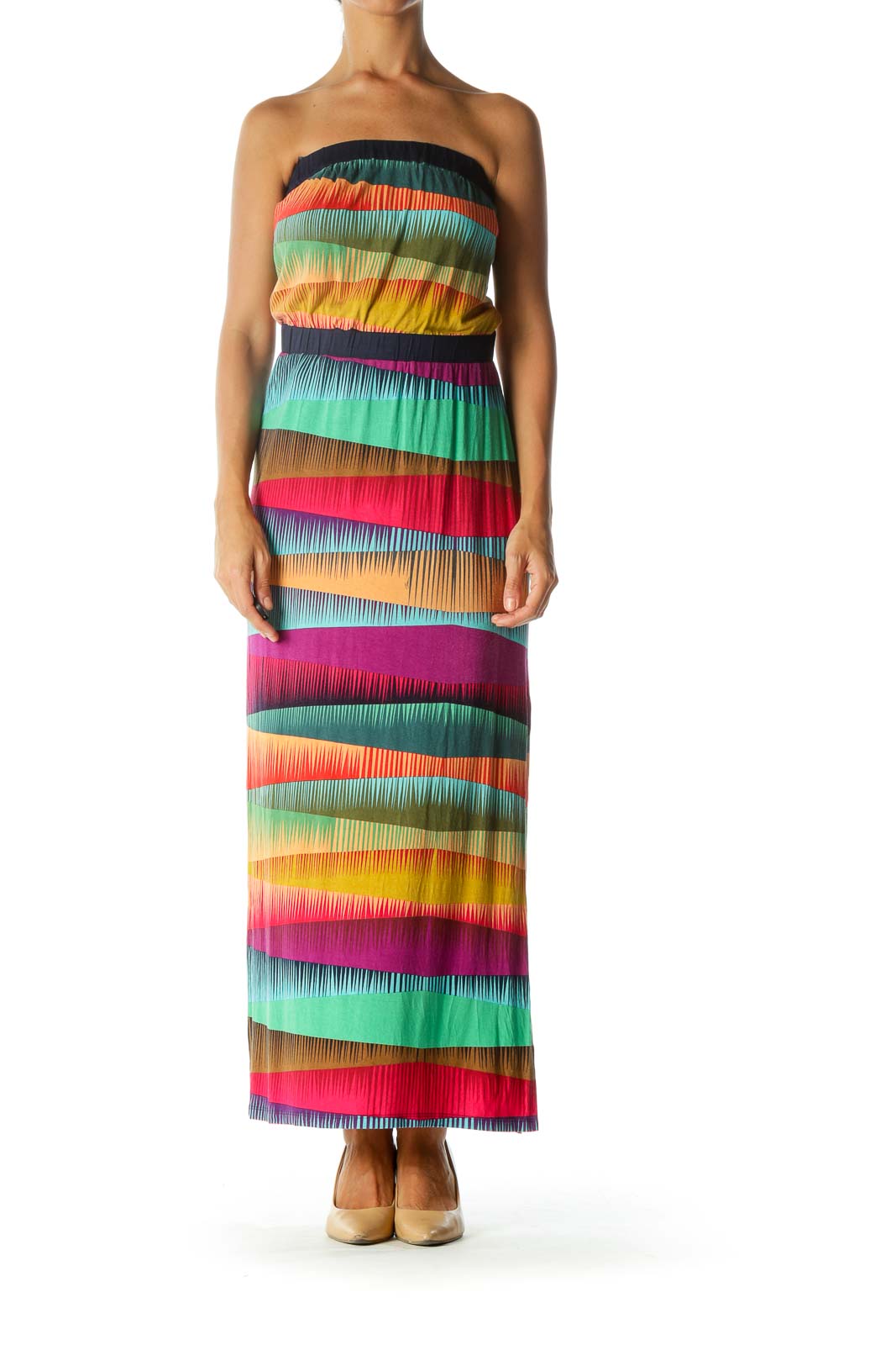 Multicolor Strapless Print Elastic Band Stretch Maxi Dress