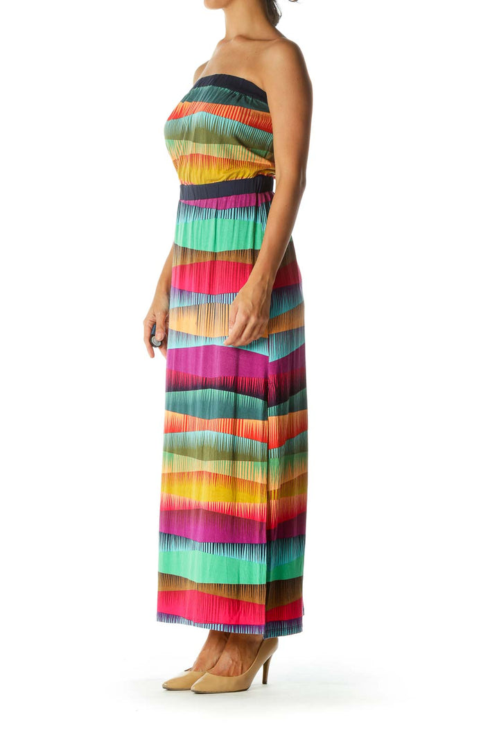 Multicolor Strapless Print Elastic Band Stretch Maxi Dress