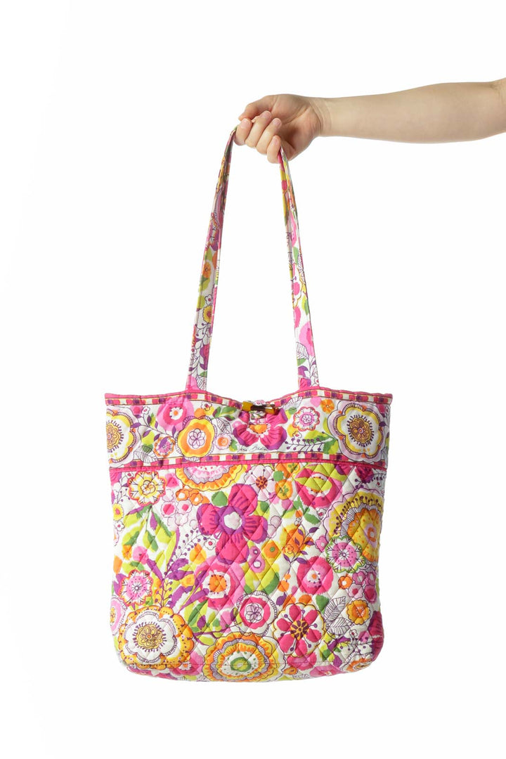 Multicolored Floral-Print Quilted Toggle-Closure Tote