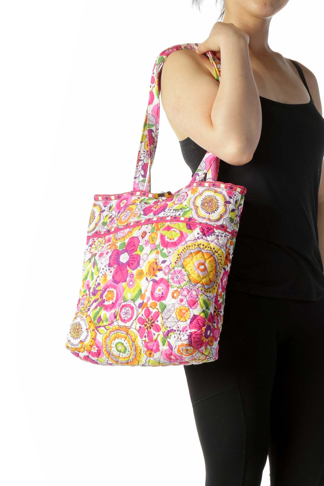 Multicolored Floral-Print Quilted Toggle-Closure Tote