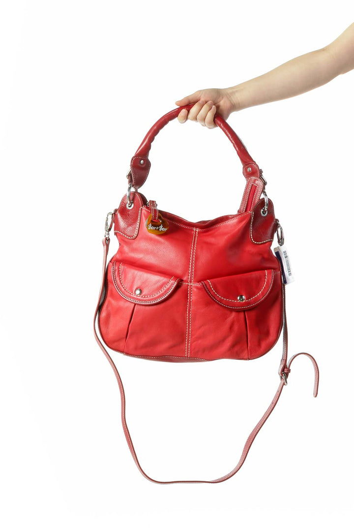 Red Stiched Heavy Leather Shoulder Bag with Crossbody Strap