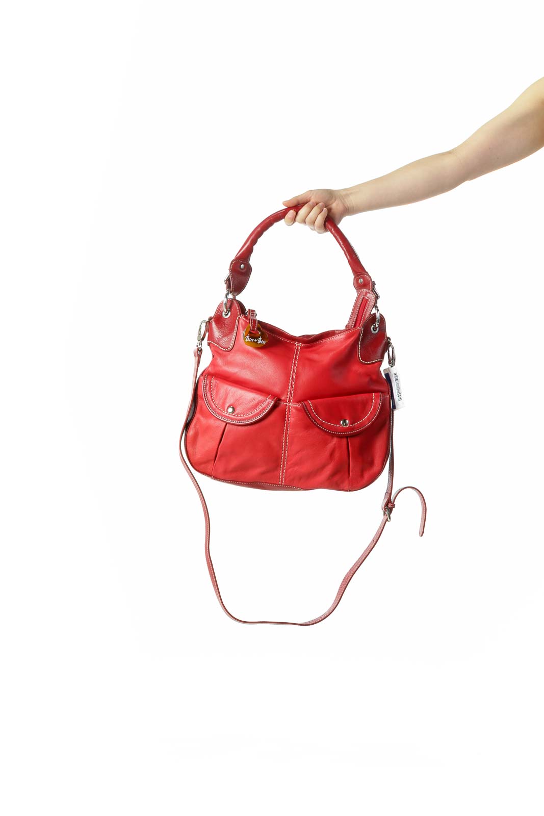 Red Stiched Heavy Leather Shoulder Bag with Crossbody Strap