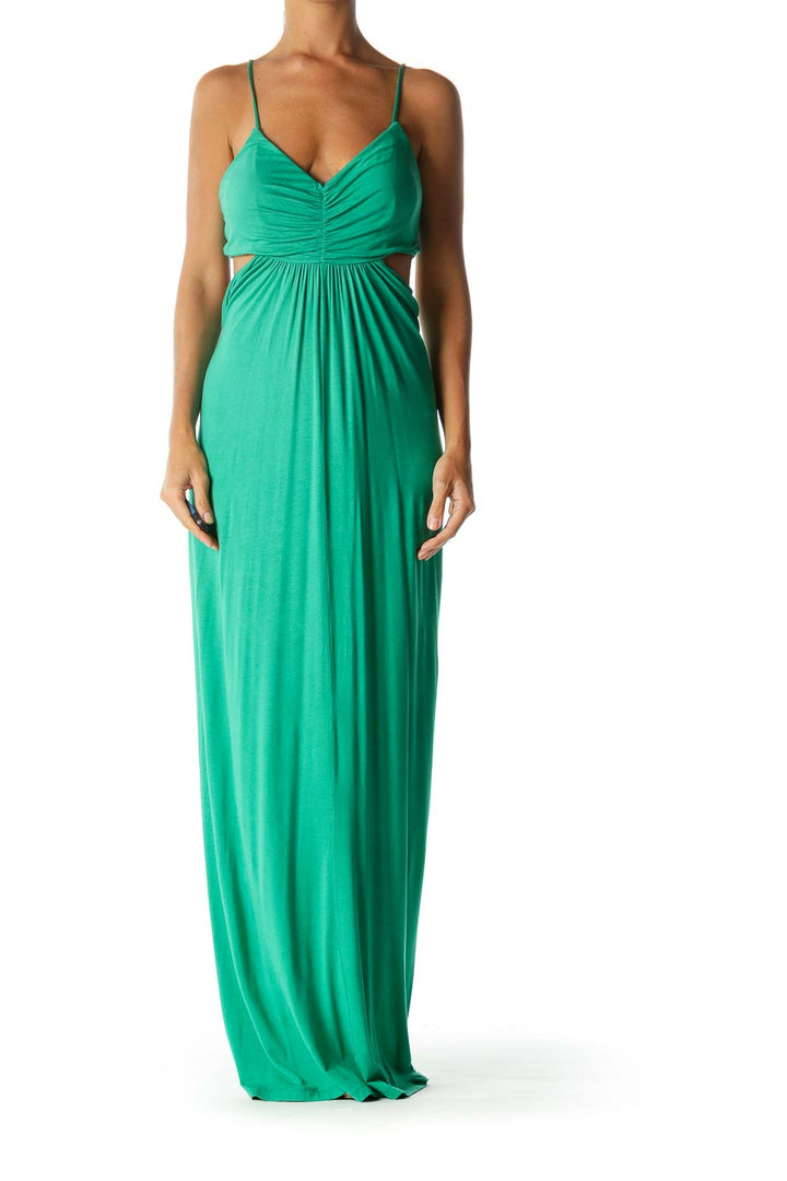 Green V-Neck Cut-Out Ruched Bust Detail Stretch Maxi Dress