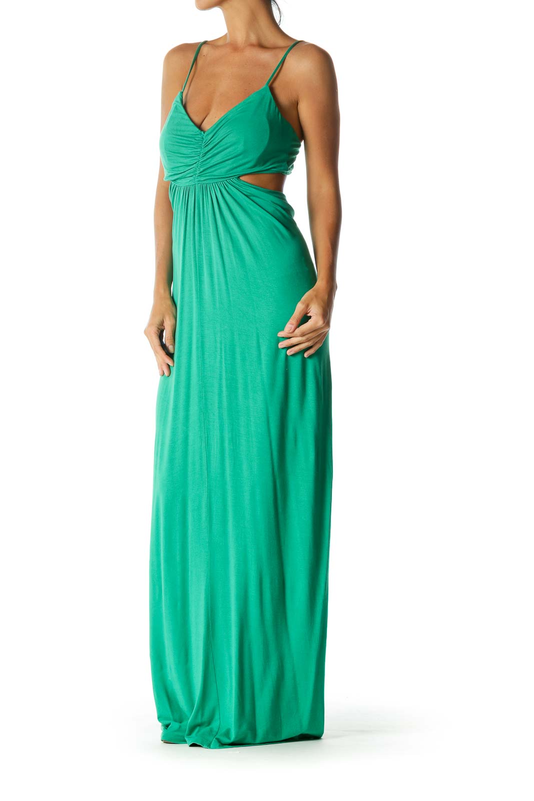 Green V-Neck Cut-Out Ruched Bust Detail Stretch Maxi Dress