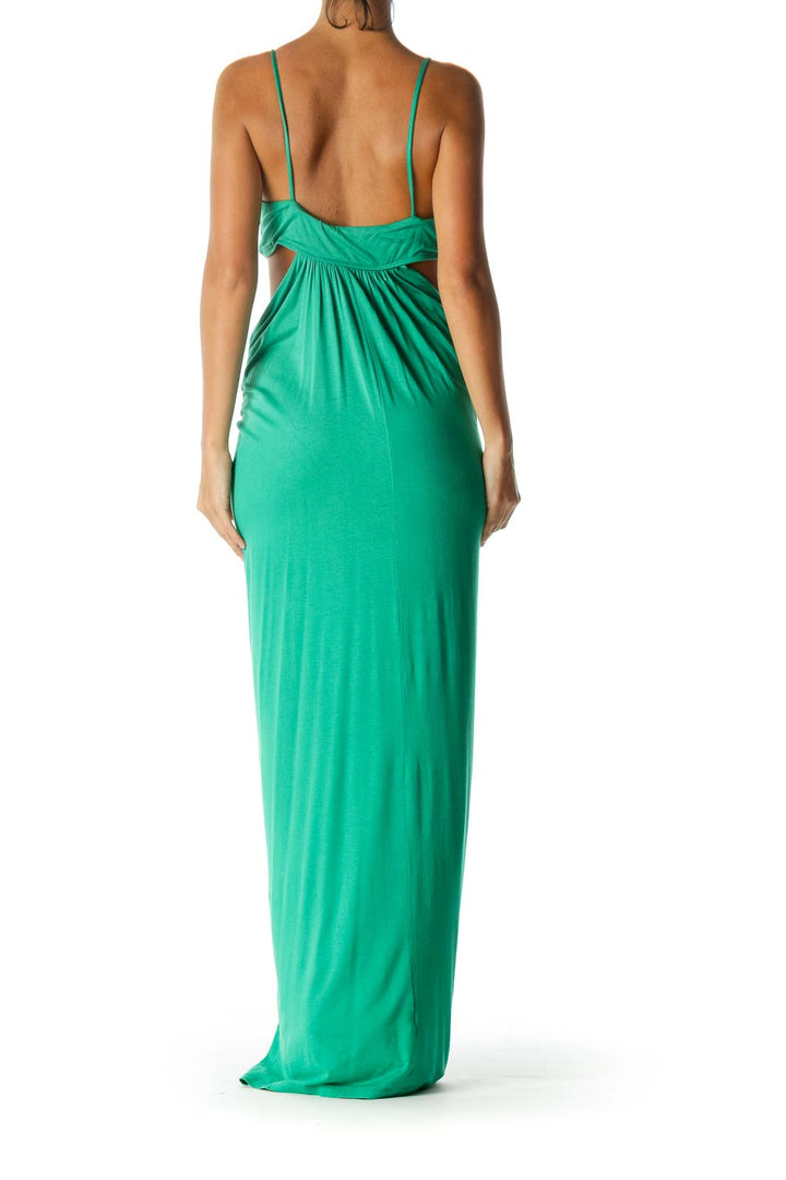 Green V-Neck Cut-Out Ruched Bust Detail Stretch Maxi Dress