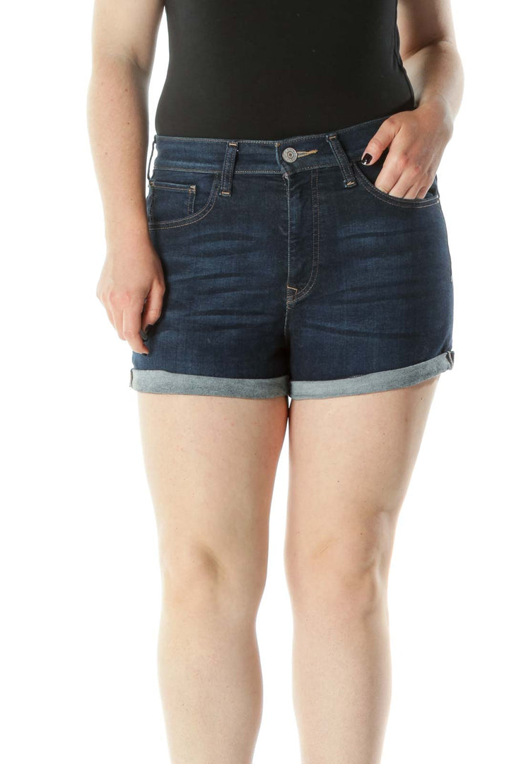 Blue Dark-Wash Pocketed Stretch High-Waisted Denim Shorts