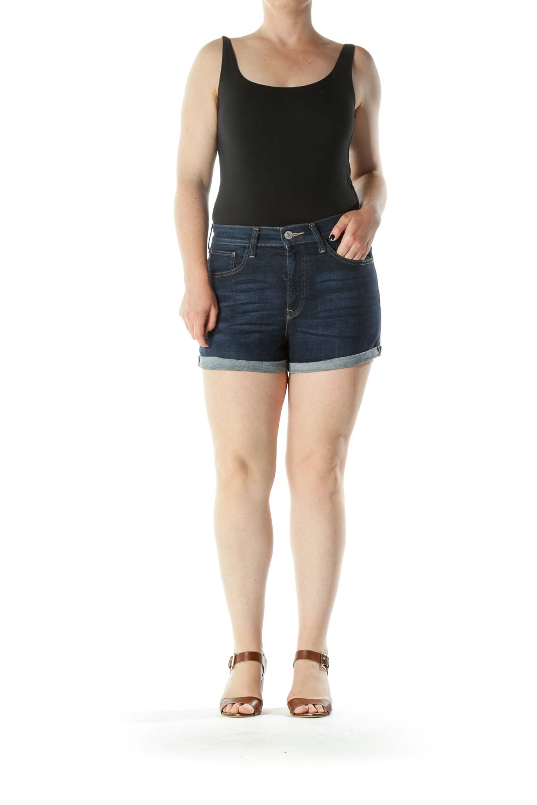 Blue Dark-Wash Pocketed Stretch High-Waisted Denim Shorts