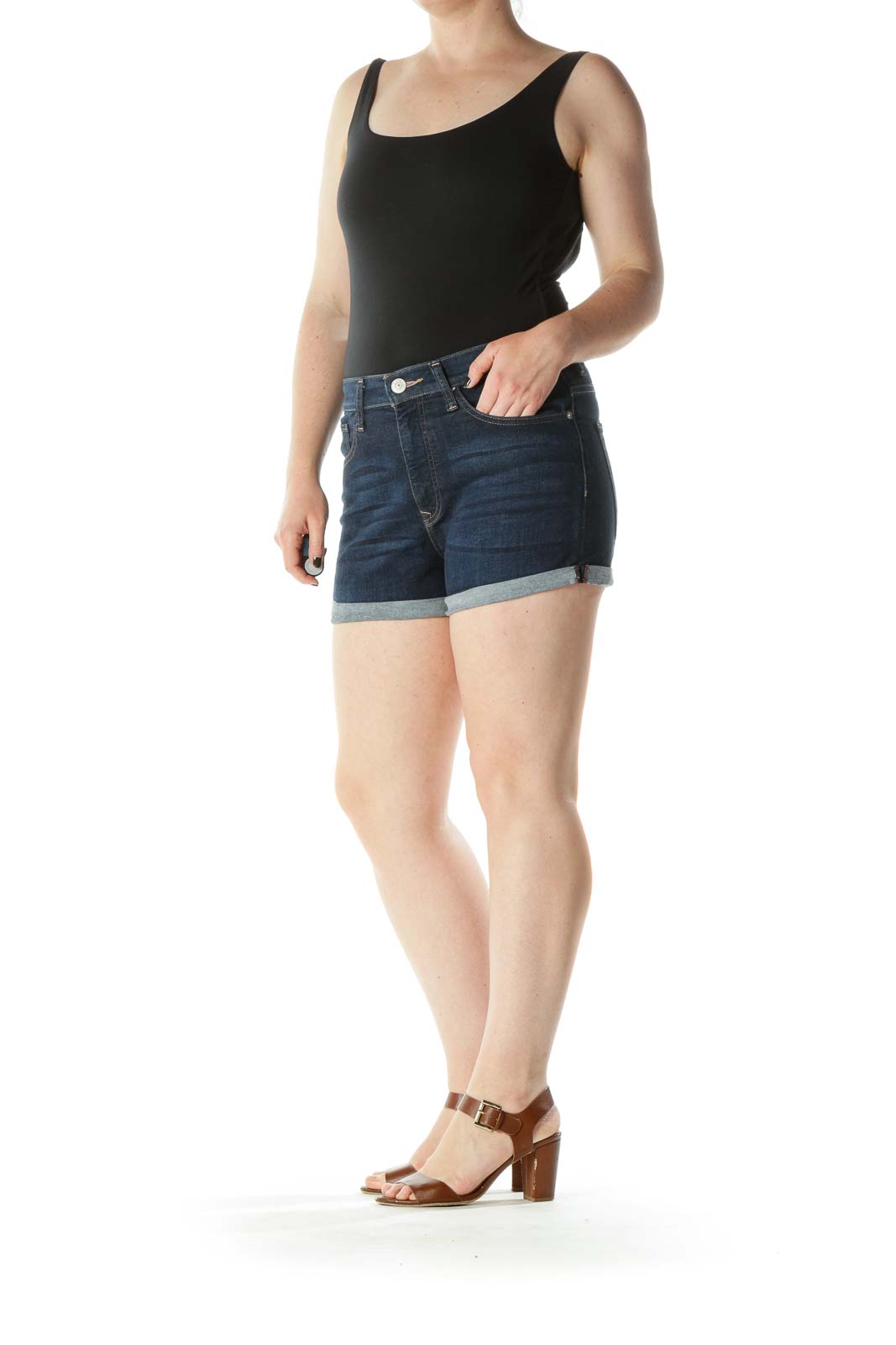 Blue Dark-Wash Pocketed Stretch High-Waisted Denim Shorts