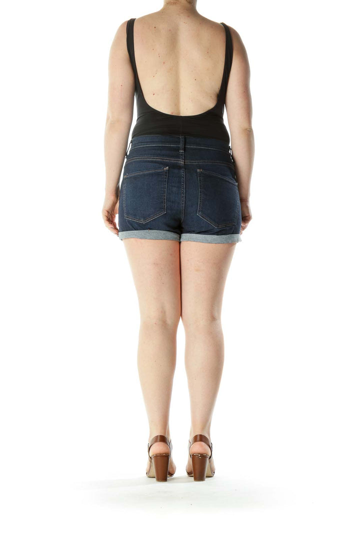 Blue Dark-Wash Pocketed Stretch High-Waisted Denim Shorts