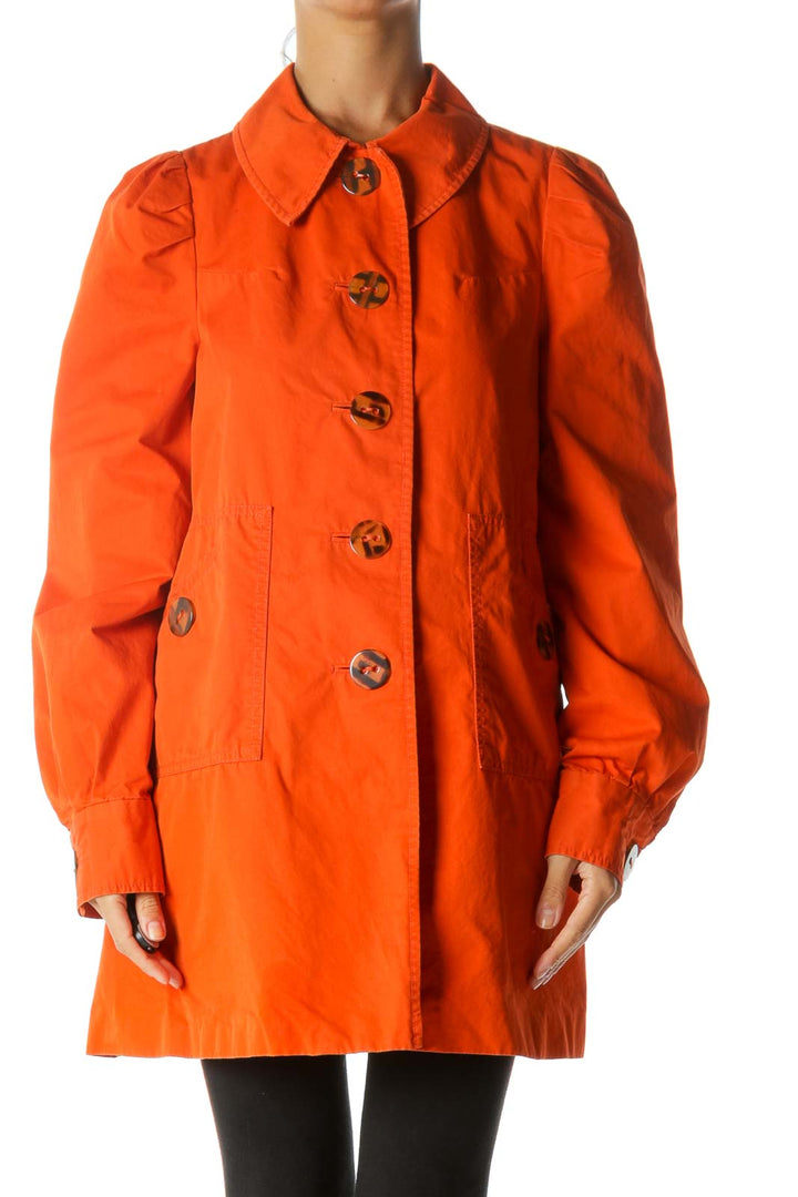 Orange Buttoned Pleated Detailing Pocketed Coat