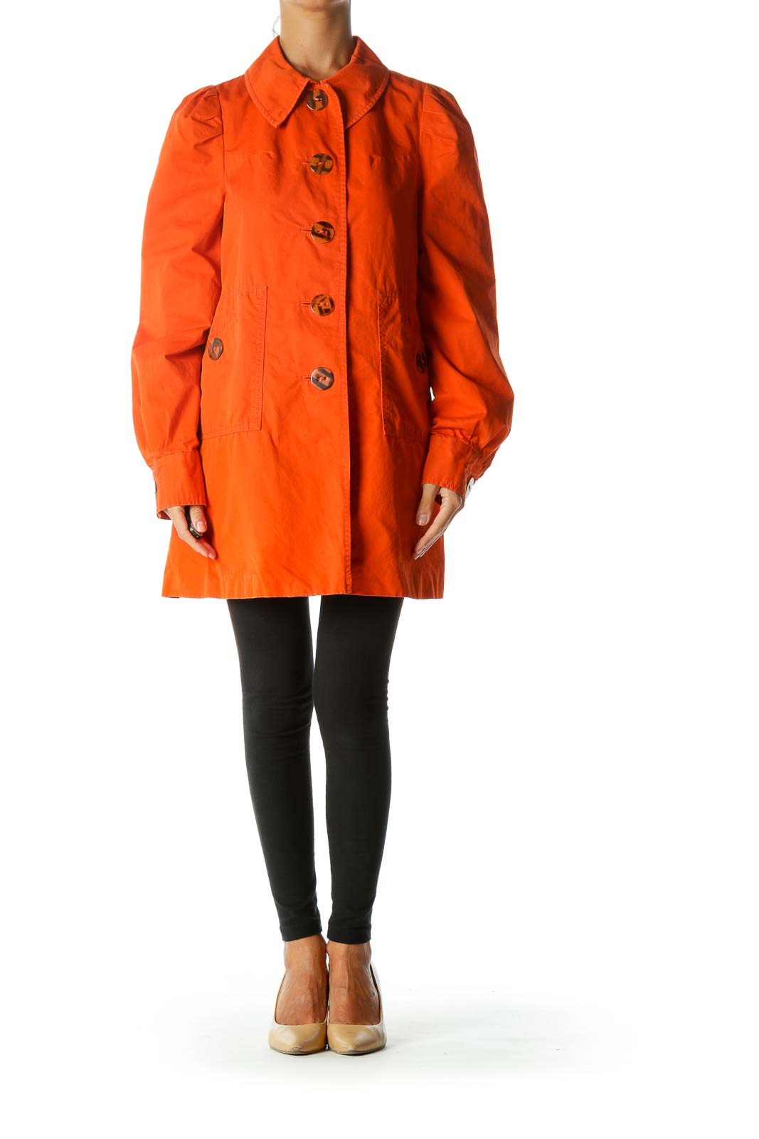 Orange Buttoned Pleated Detailing Pocketed Coat