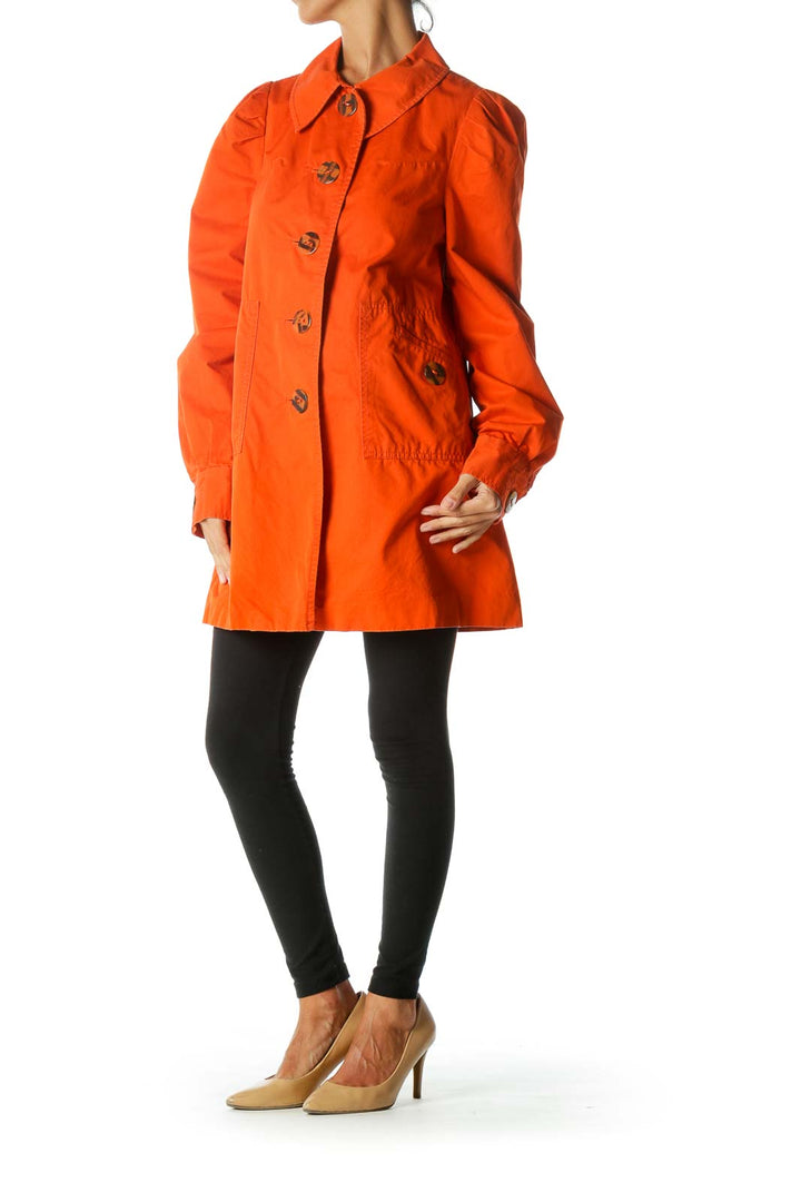 Orange Buttoned Pleated Detailing Pocketed Coat