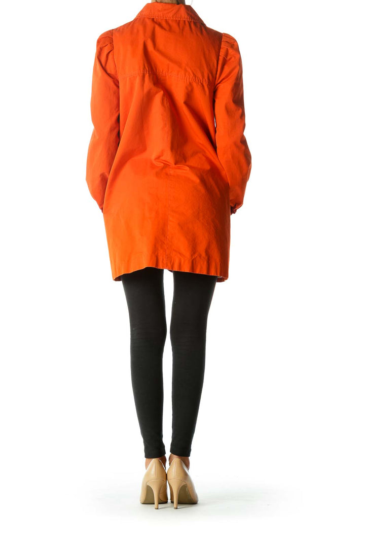 Orange Buttoned Pleated Detailing Pocketed Coat