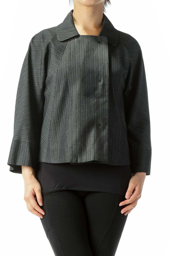 Black White Stripes Wide-Sleeves Snap-Button Textured Blazer